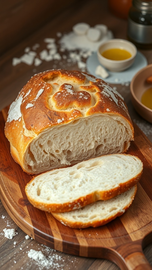 Quick Sourdough Bread Recipe A golden-brown loaf of sourdough bread on a cutting board with slices cut, showcasing its soft interior.